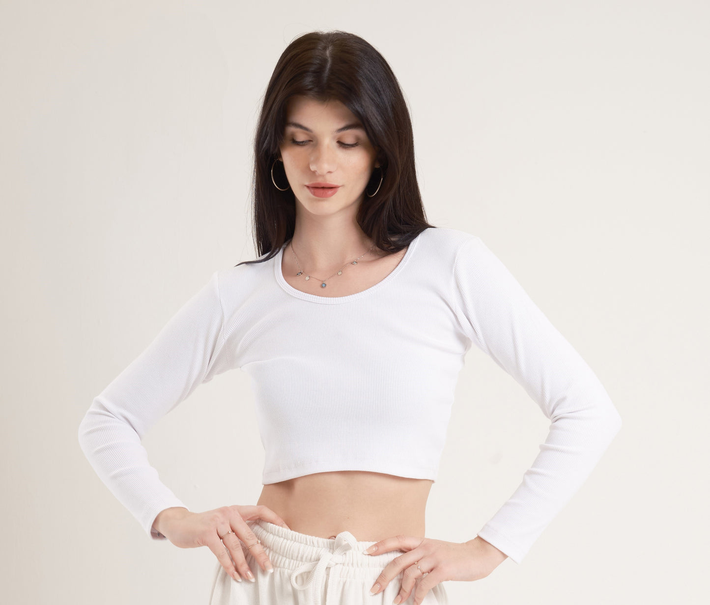White Long Sleeves Cotton Cropped Top