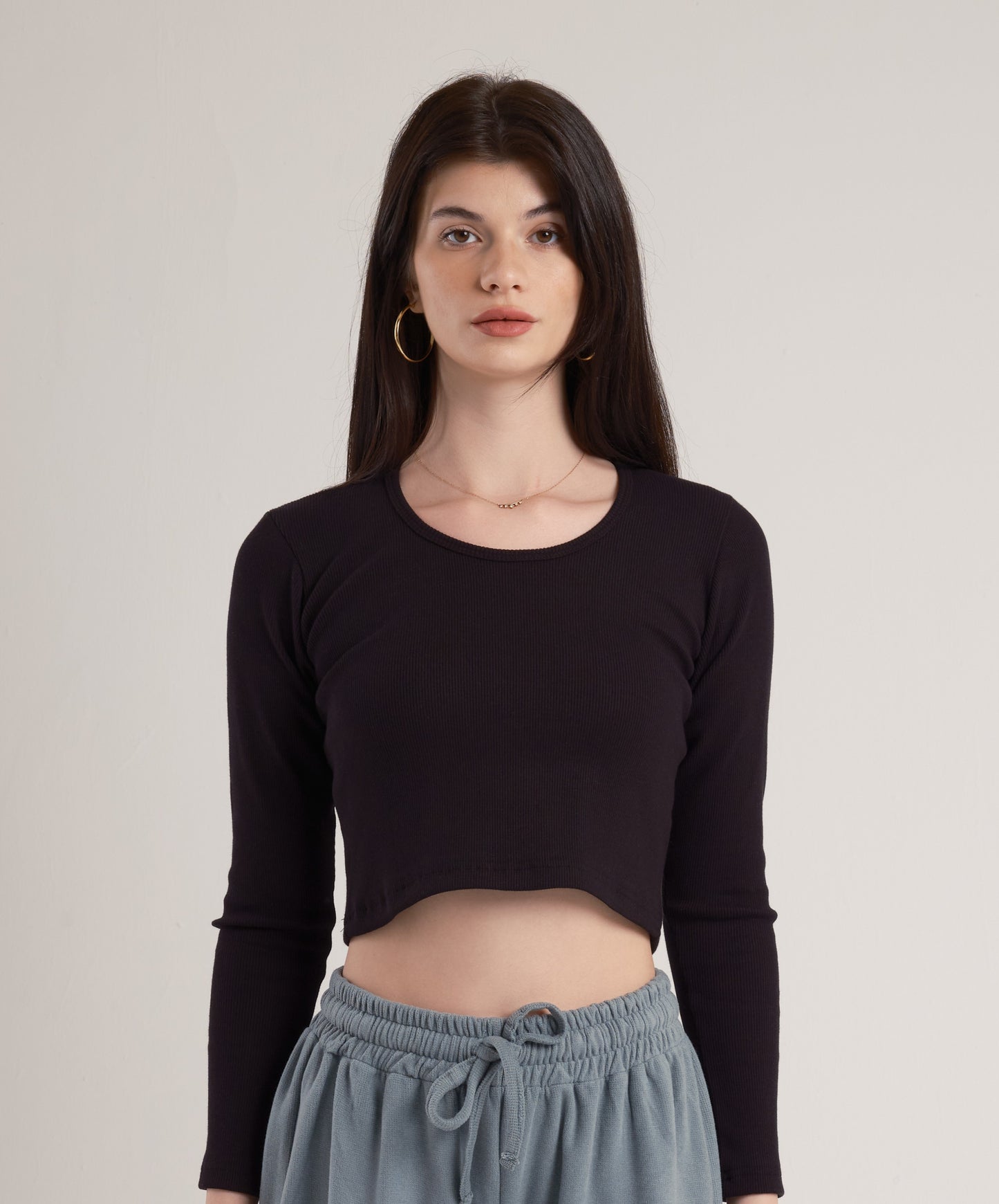 Black Long Sleeves Cotton Cropped Top