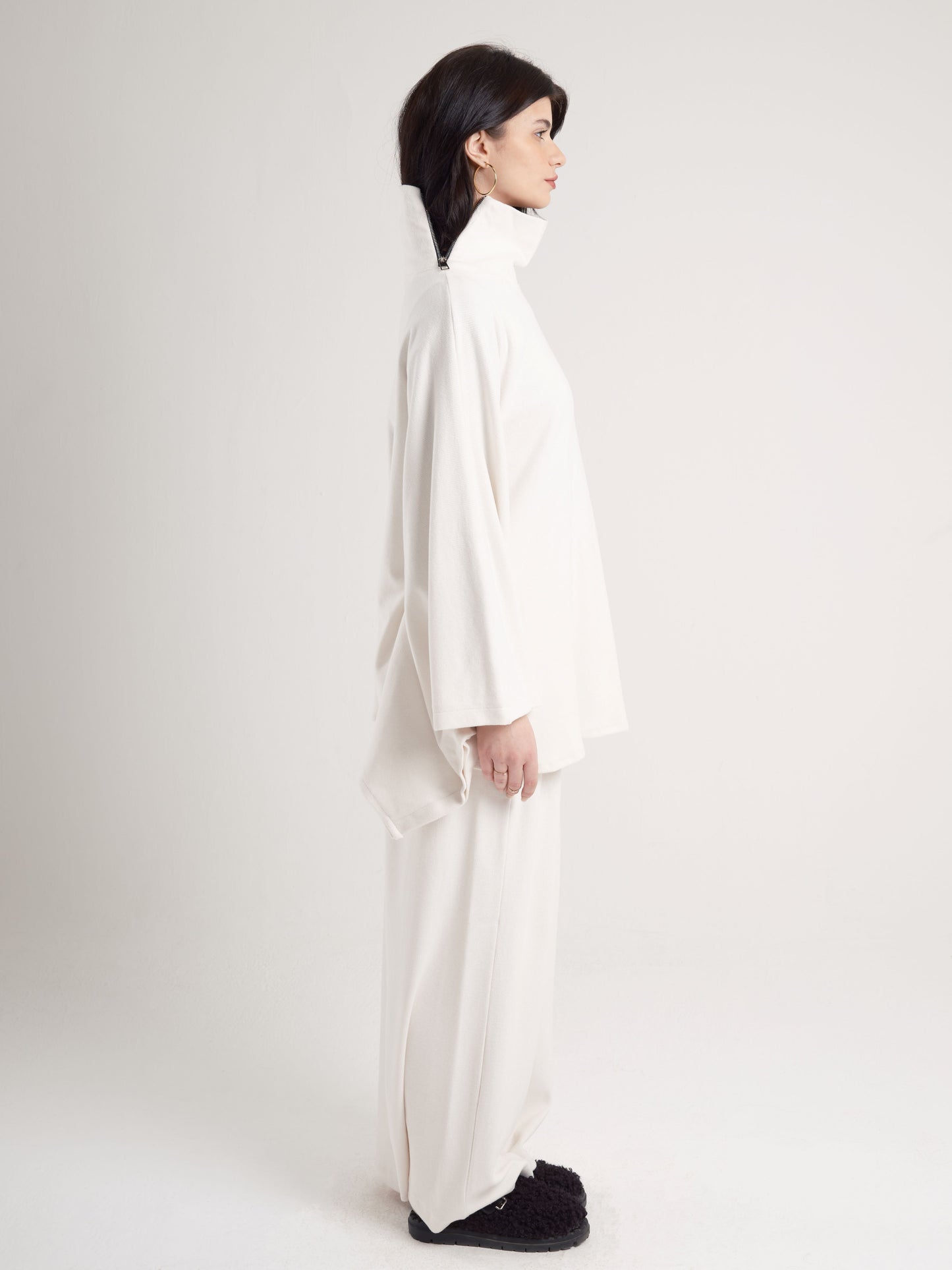 Cream High-Neck Poncho with Side Collar Zippers