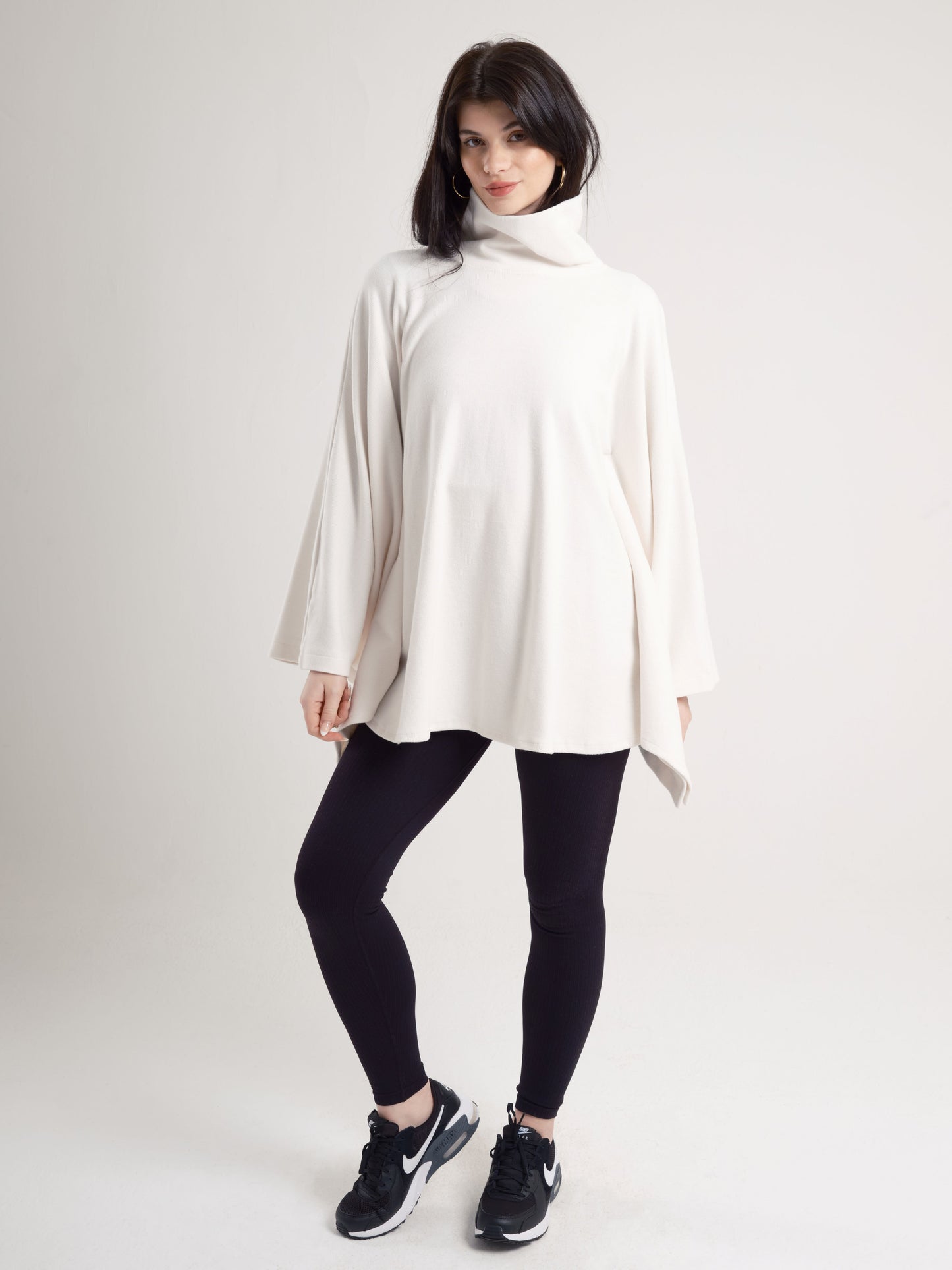 Cream High-Neck Poncho with Side Collar Zippers
