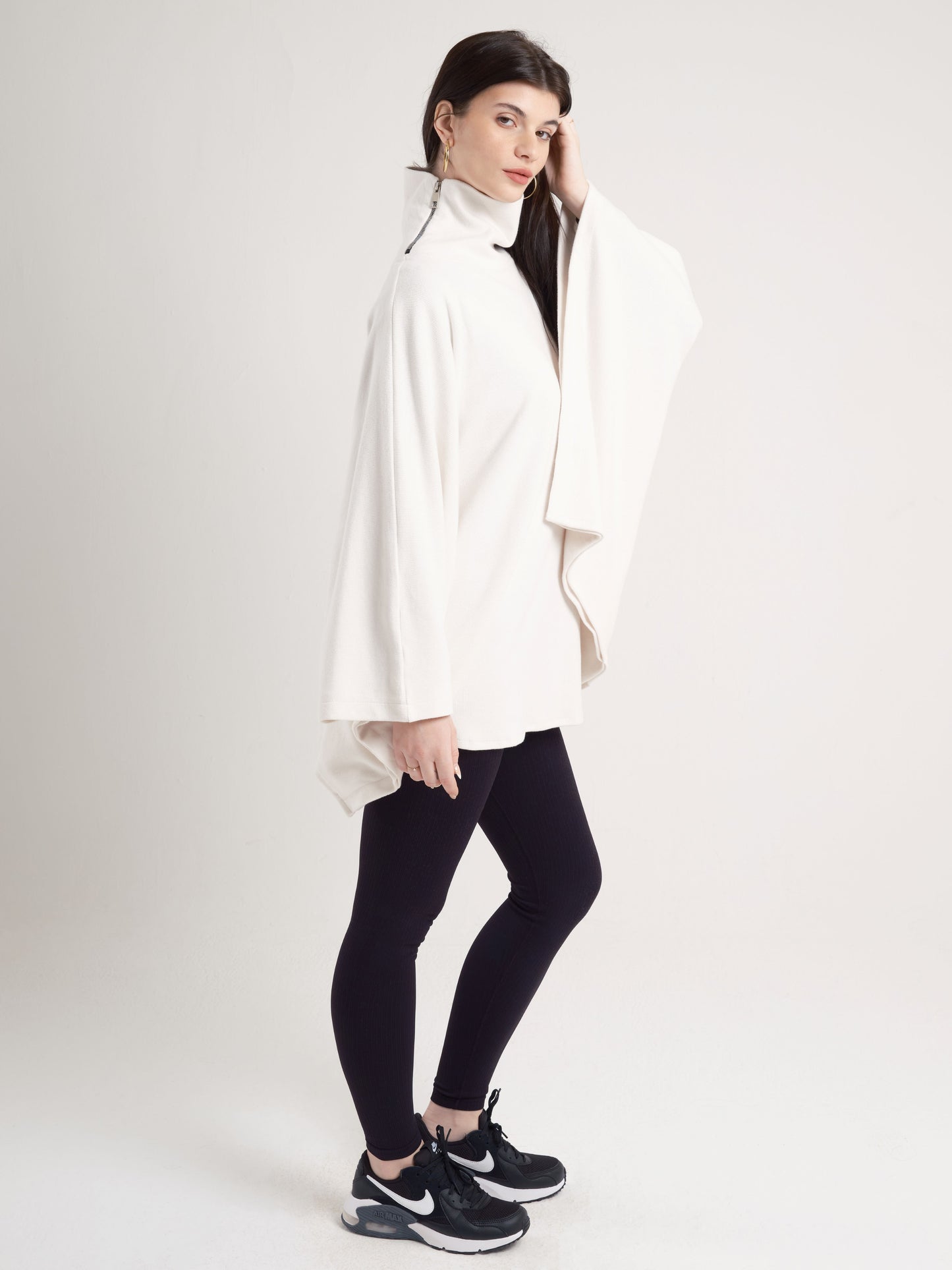 Cream High-Neck Poncho with Side Collar Zippers