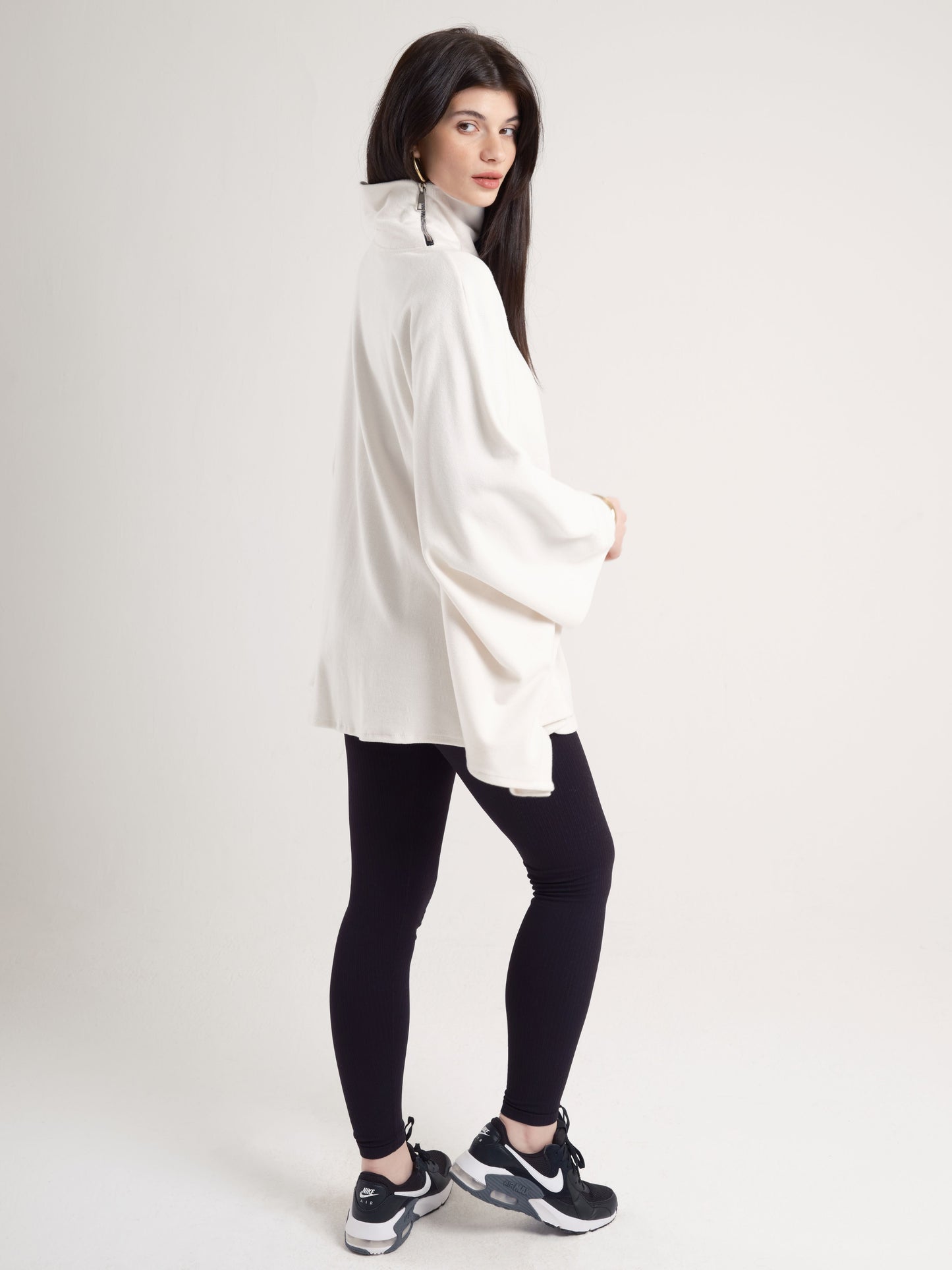 Cream High-Neck Poncho with Side Collar Zippers