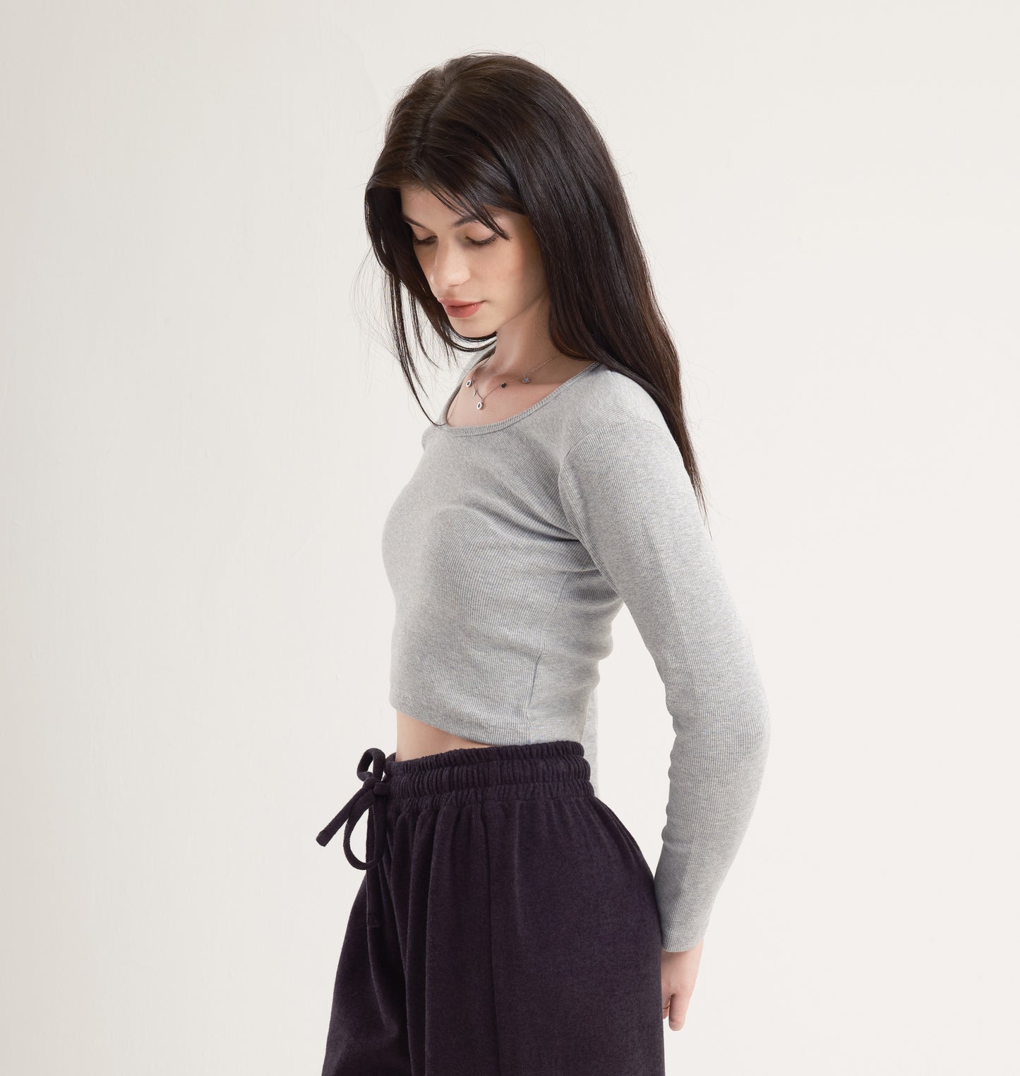 Grey Long Sleeves Cotton Cropped Top