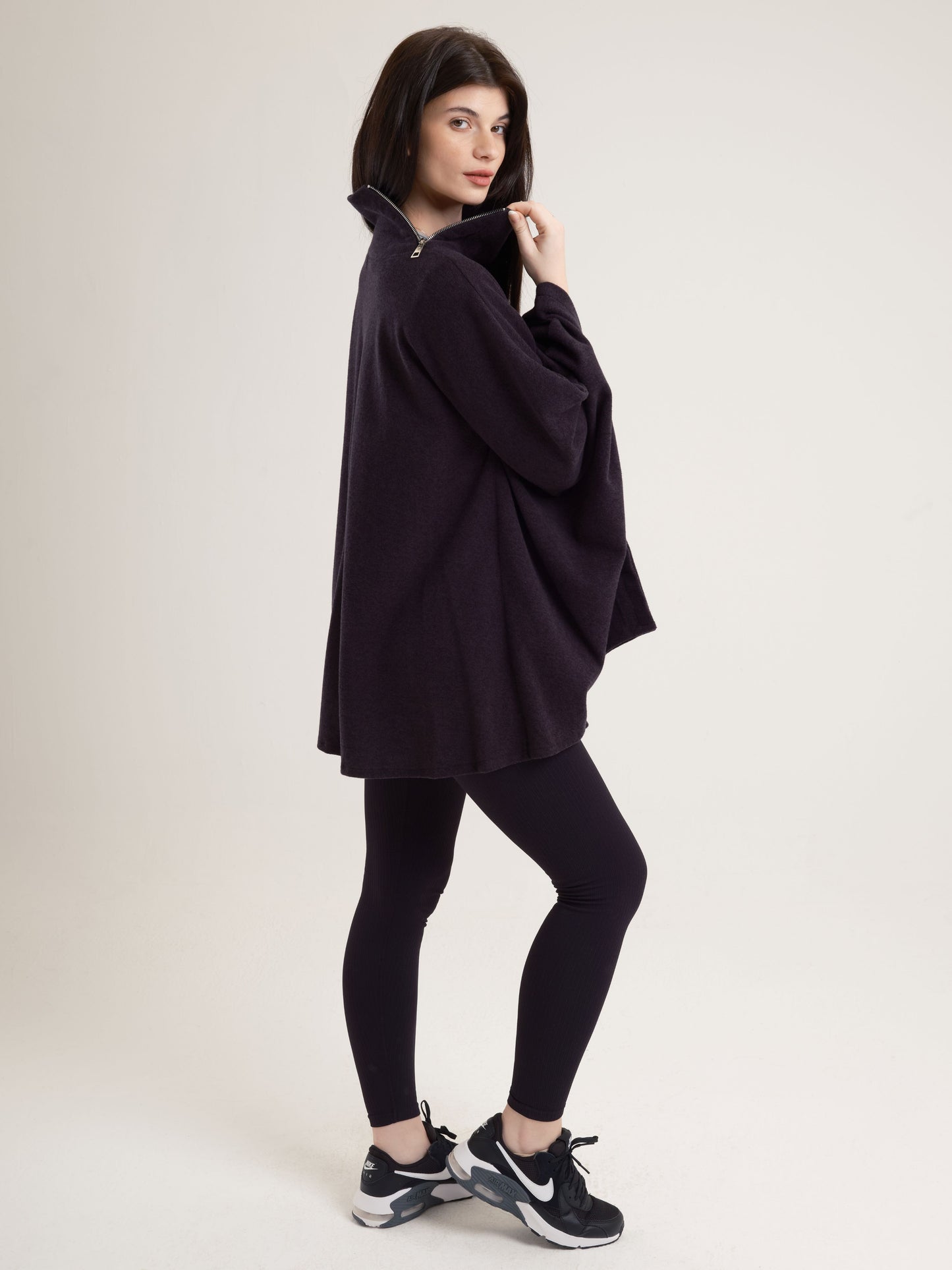 Charcoal High-Neck Poncho with Side Collar Zippers