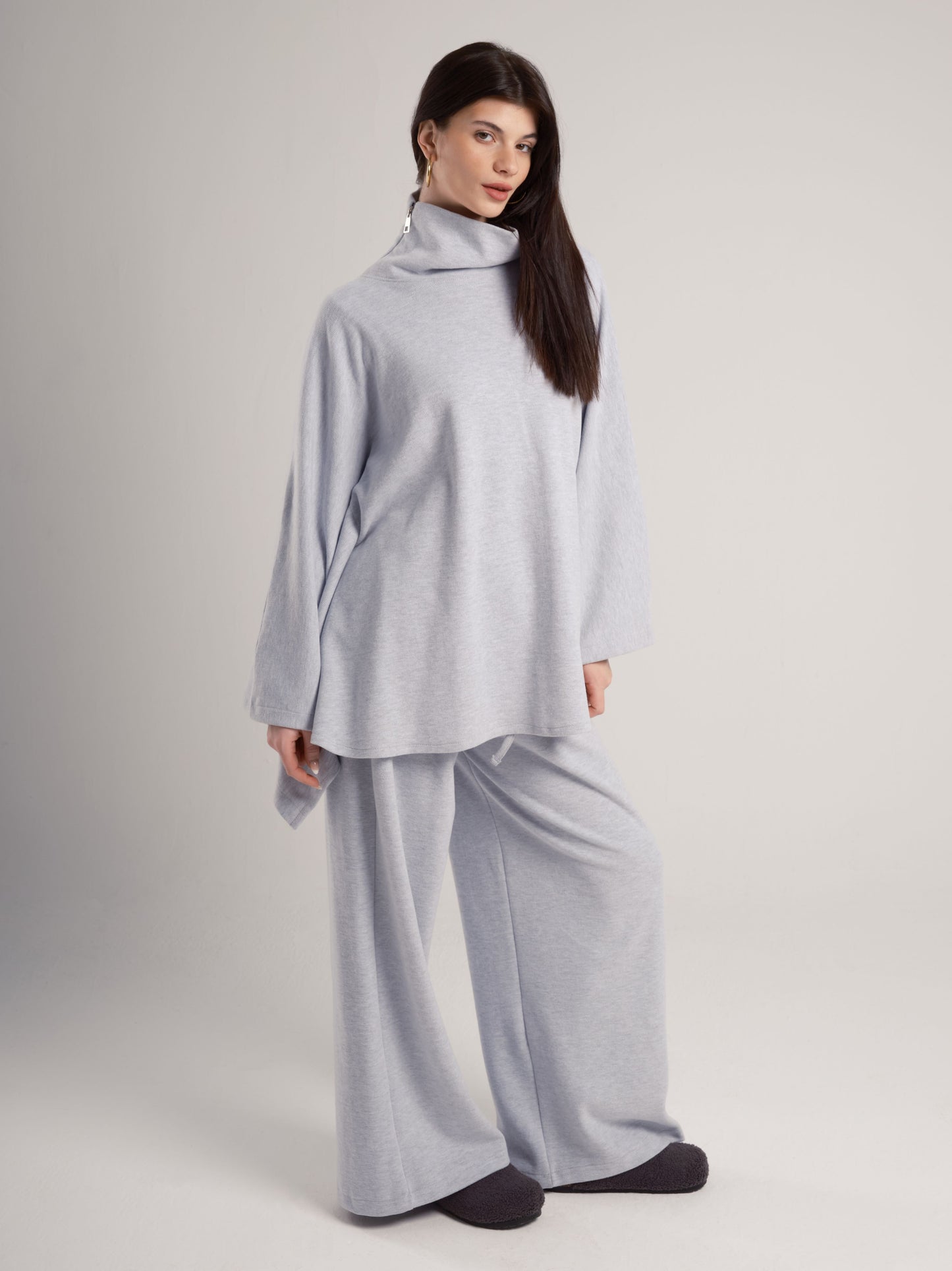 Grey High-Neck Poncho with Side Collar Zippers