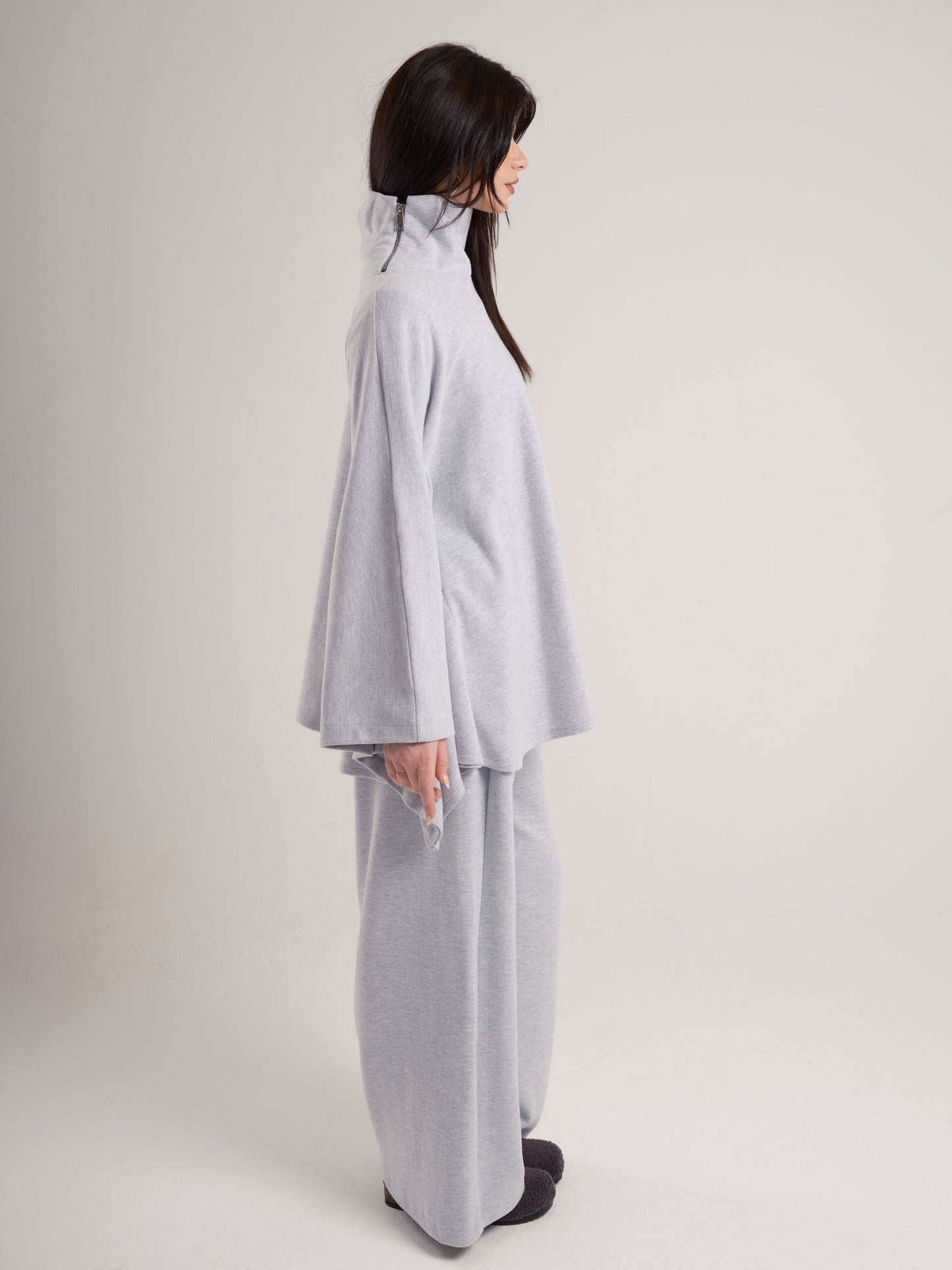 Grey High-Neck Poncho with Side Collar Zippers