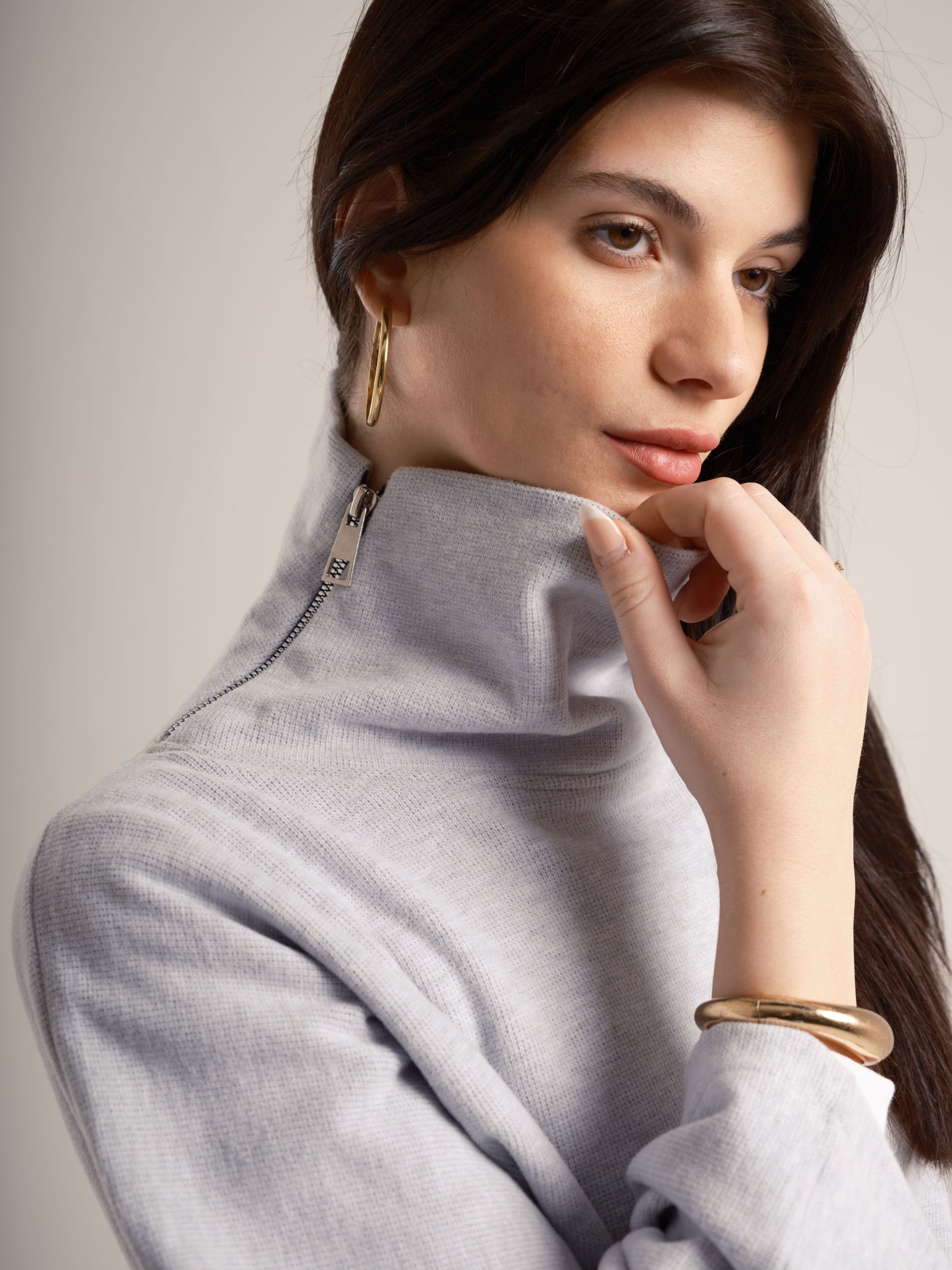 Grey High-Neck Poncho with Side Collar Zippers
