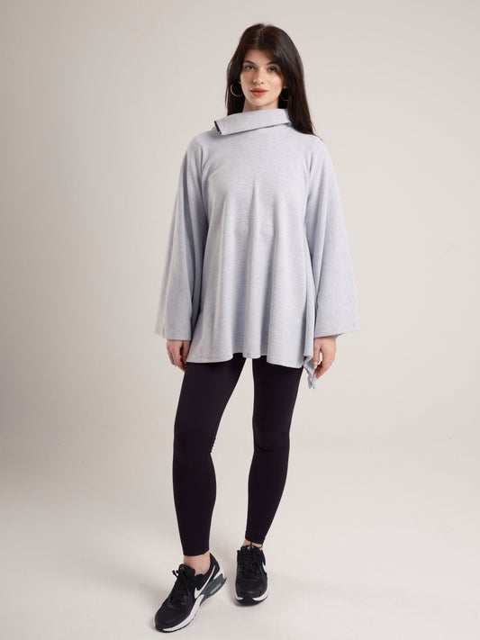 Grey High-Neck Poncho with Side Collar Zippers