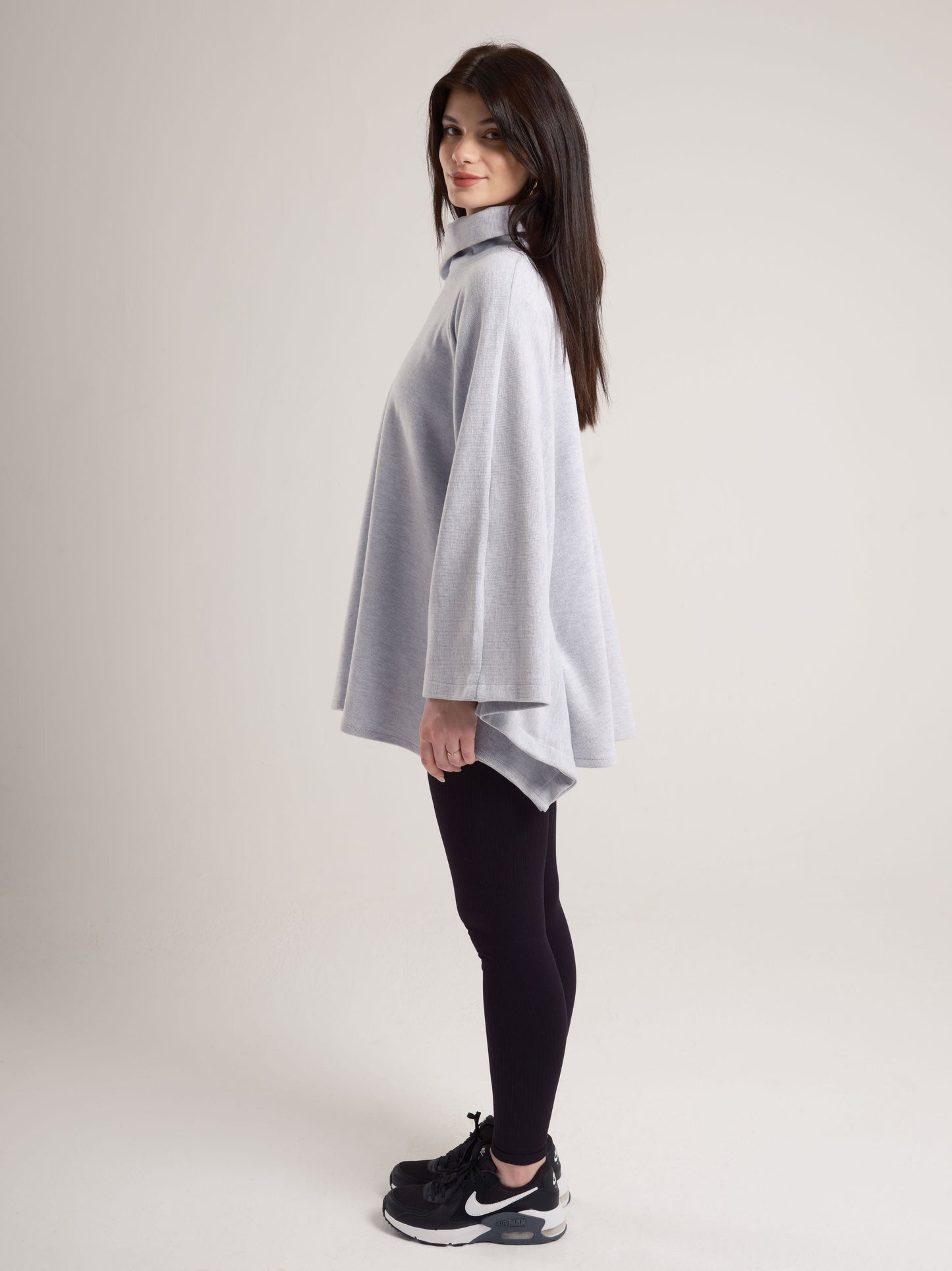 Grey High-Neck Poncho with Side Collar Zippers