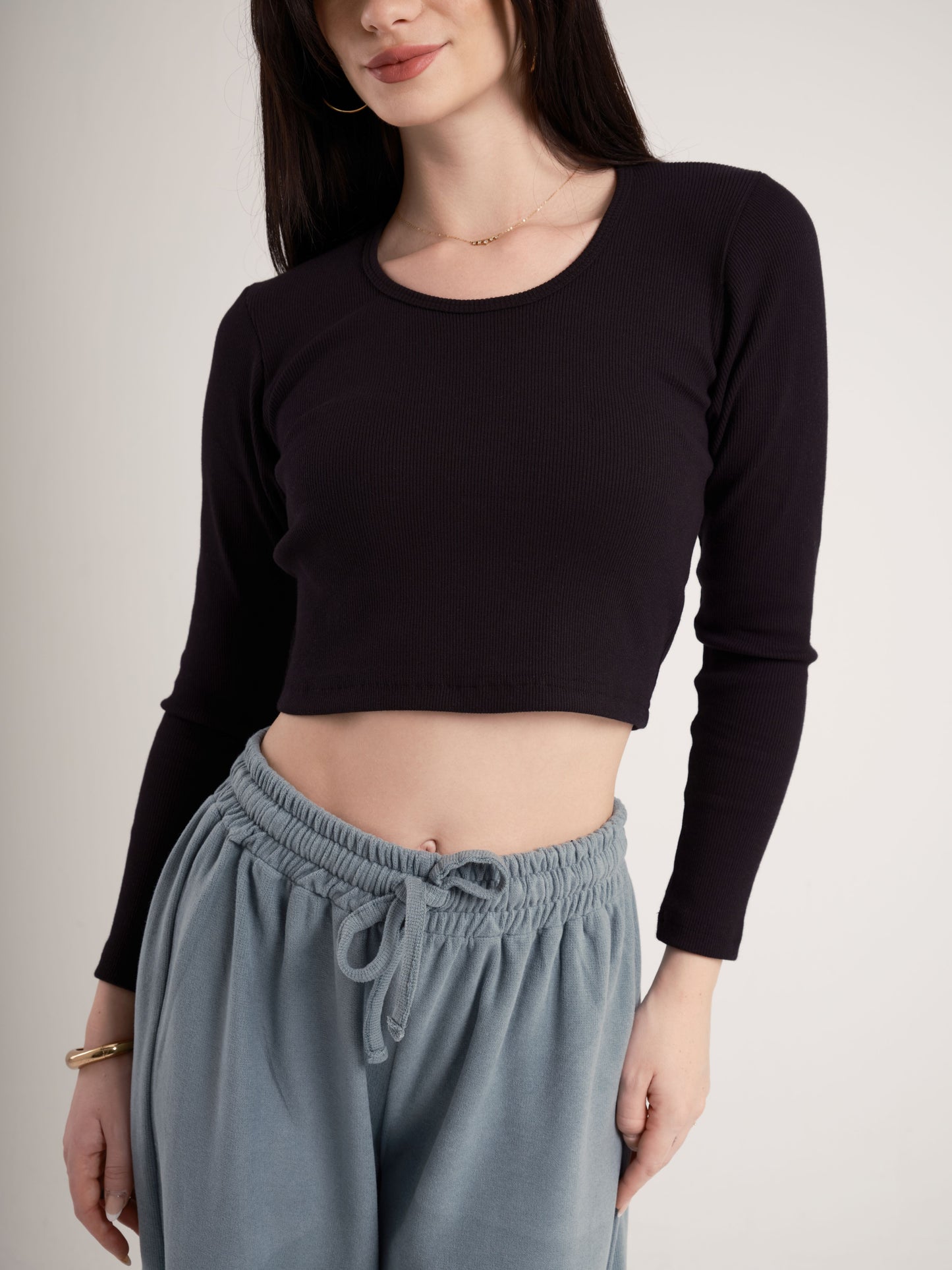 Black Long Sleeves Cotton Cropped Top